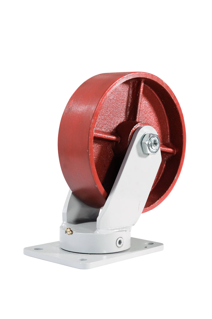 A heavy-duty caster with a metal construction designed for industrial use.