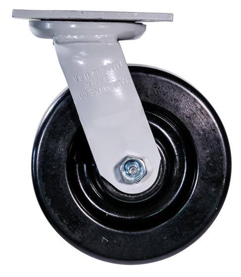 A caster wheel with a black rubber tread and a silver metal mounting plate.
